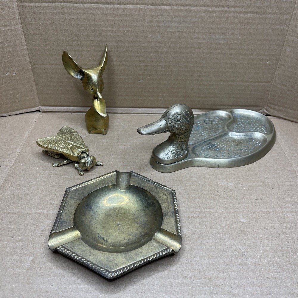 Vintage Brass Lot Cigar Ashtray Animal Duck Mouse Fly Trinket Box Taiwan India